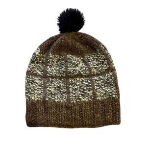 Little Kathmandu Wool Pom Beanie One Size Brown Plaid Fleece Lined Cozy Knit Hat